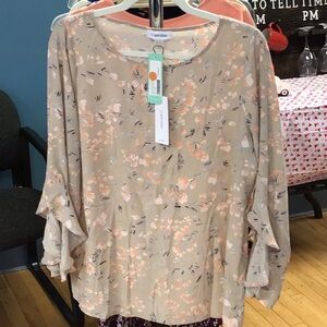 Calvin Klein Cream Bell Sleeve Ruffled Blouse